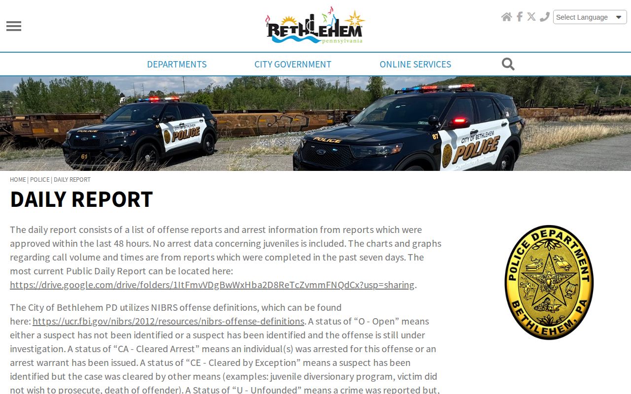 Bethlehem Police official 48-hour arrest report page for Lehigh County booking records